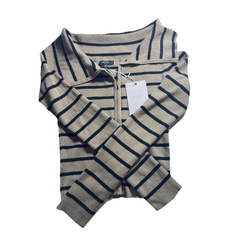 Love Tree Sweater Womens Large Tan‎ Navy Striped Zip Up Ribbed Knit Soft Top